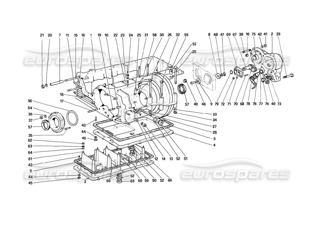 ferrari 308 (1981) gtbi/gtsi caja de cambios - diagrama de piezas de caja de diferencial y cárter de aceite