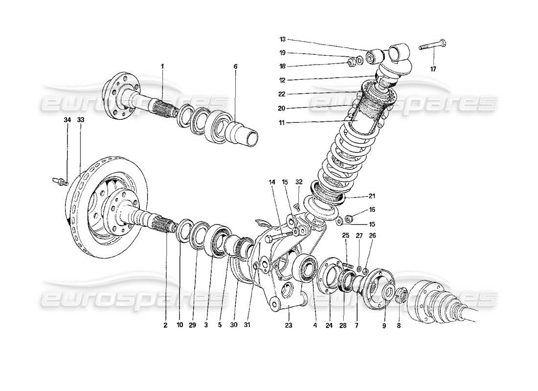 ferrari 208 turbo (1989) suspensión trasera: diagrama de piezas de amortiguador y disco de freno (a partir del número de automóvil 76626)