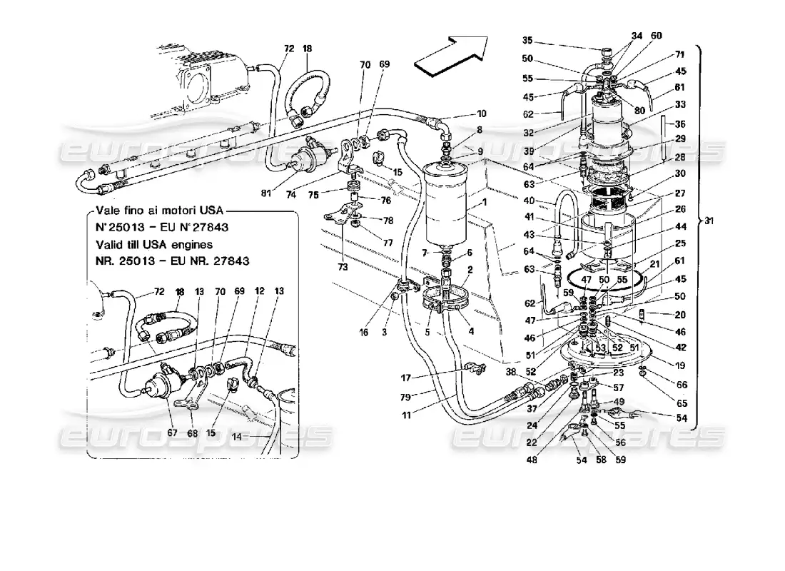 ferrari mondial 3.4 t coupe/cabrio diagrama de piezas de la bomba de combustible y las tuberías