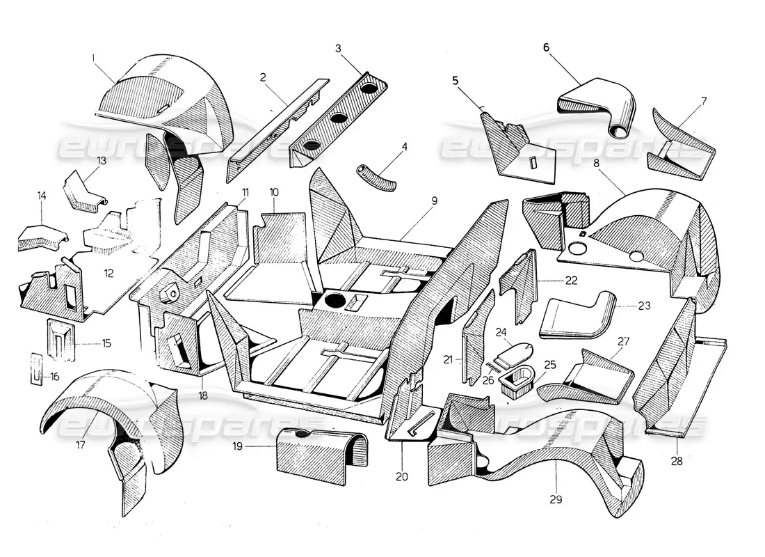lamborghini countach lp400 diagrama de piezas del revestimiento interior de fibra de vidrio