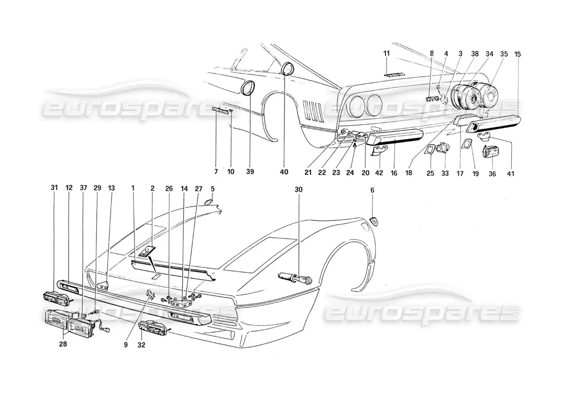 ferrari 288 gto parachoques - luces - nombre exterior diagrama de piezas