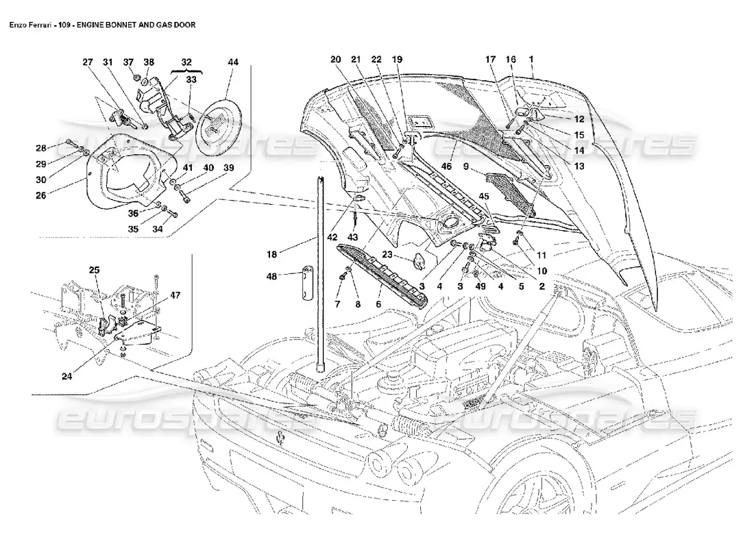 ferrari enzo capó del motor y puerta de gas diagrama de piezas