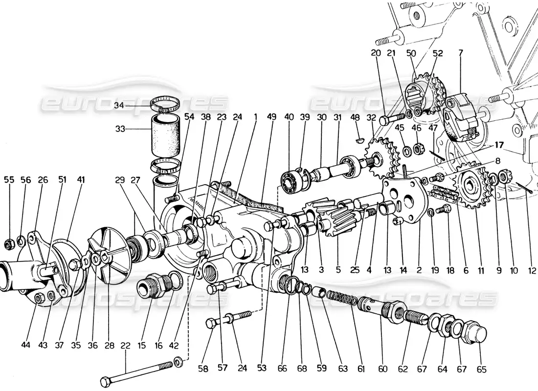ferrari 365 gt4 2+2 (1973) bombas de aceite y agua diagrama de piezas