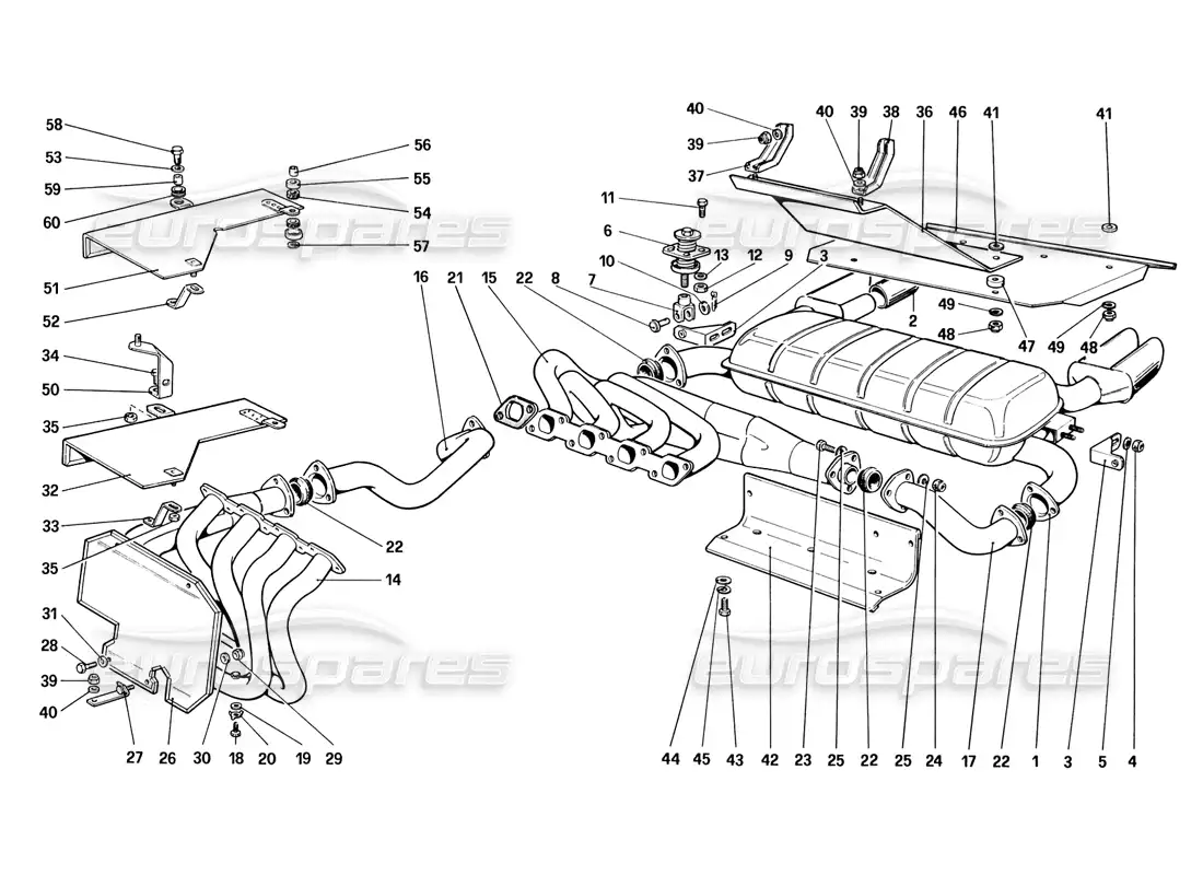 ferrari 328 (1988) sistema de escape (no para ee. uu. - sa - versión ch87 y ch88) diagrama de piezas