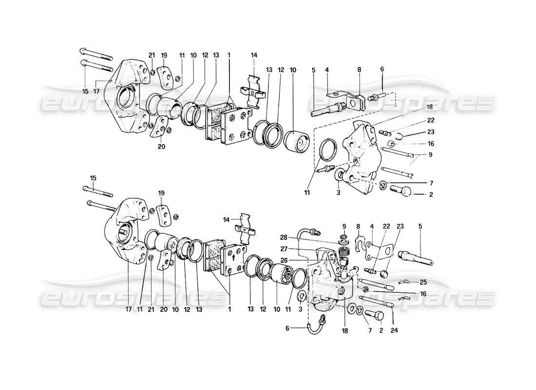 ferrari 308 quattrovalvole (1985) diagrama de piezas de pinzas para frenos delanteros y traseros