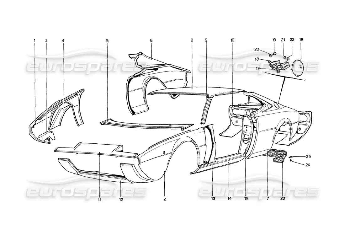 ferrari 208 gt4 dino (1975) carrocería - elementos exteriores diagrama de piezas