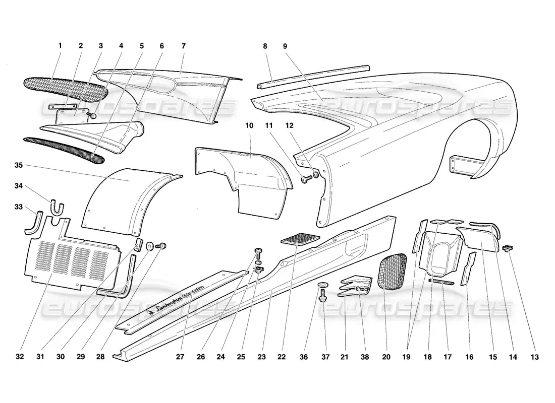 lamborghini diablo vt (1994) elementos de la carrocería: flanco izquierdo diagrama de piezas