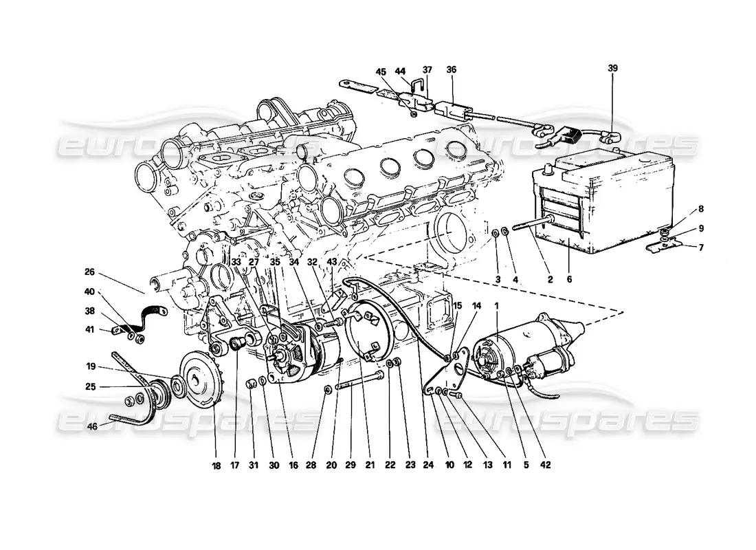 ferrari 308 quattrovalvole (1985) sistema de generación eléctrica (motor con correa única) diagrama de piezas