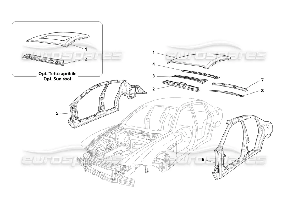 maserati qtp. (2006) 4.2 estructuras exteriores centrales y cuerpo. diagrama de piezas