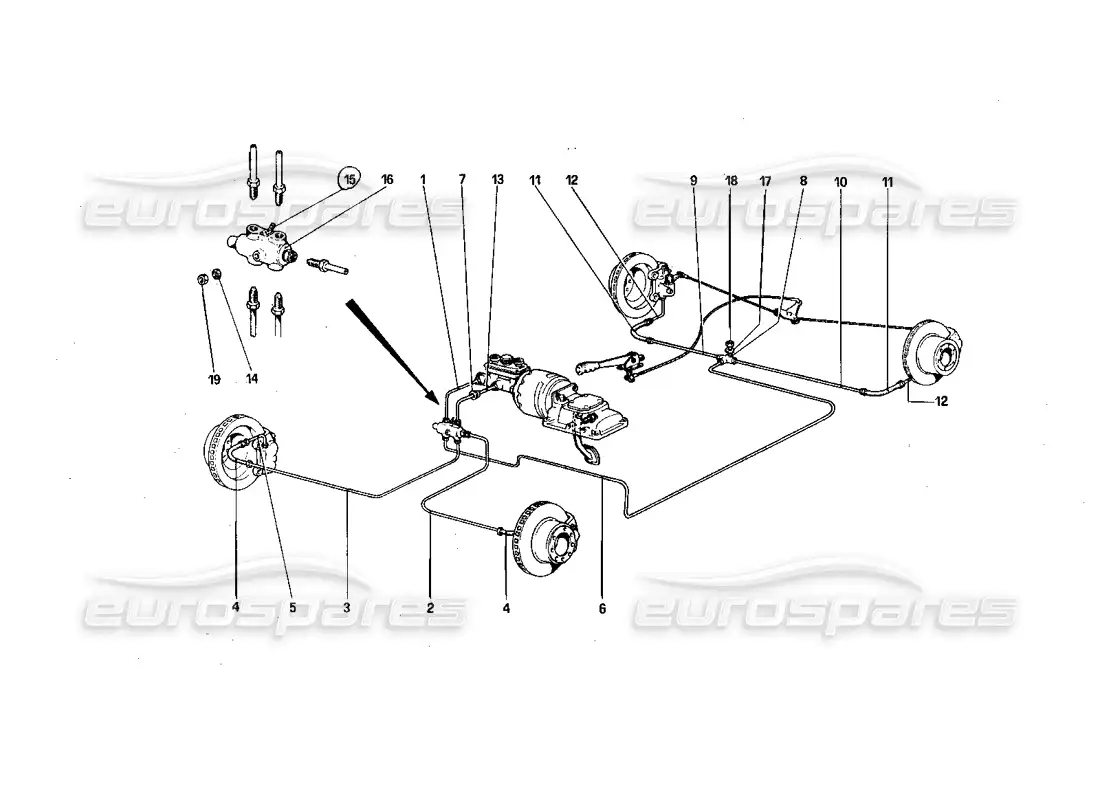 ferrari 308 quattrovalvole (1985) diagrama de piezas del sistema de frenos