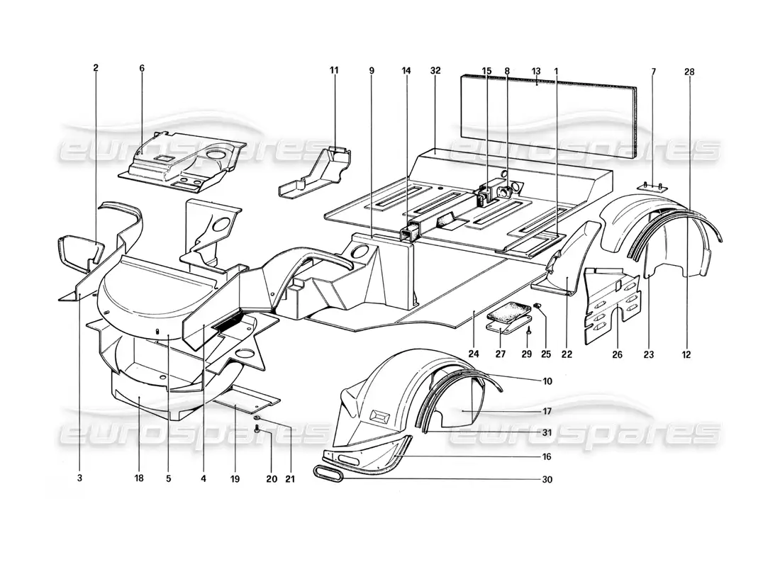 ferrari 512 bbi carrocería - elementos internos diagrama de piezas