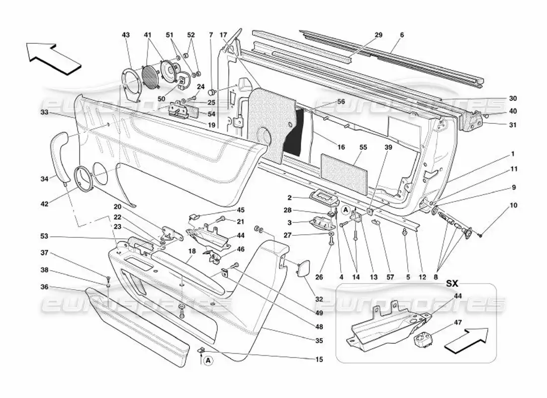 ferrari 575 superamerica puertas - marcos y revestimientos diagrama de piezas