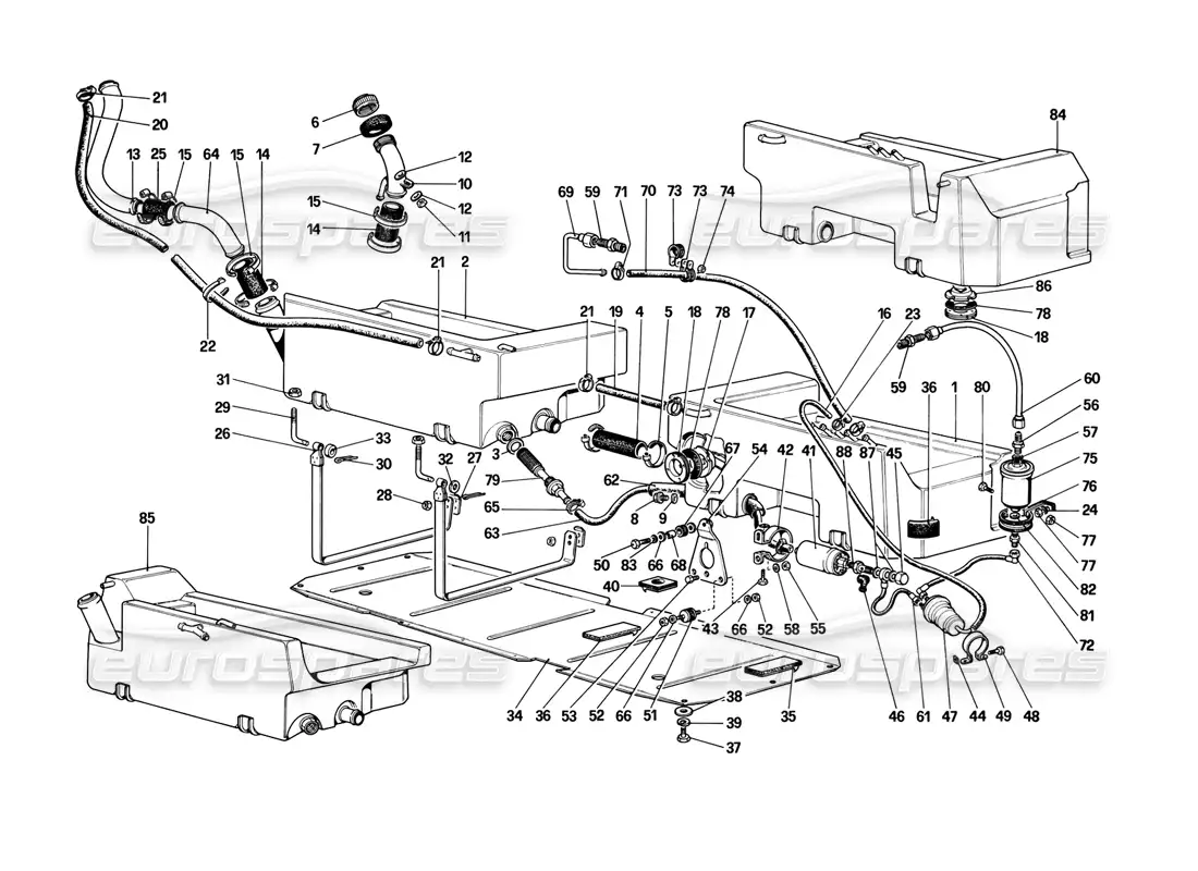 ferrari mondial 3.2 qv (1987) bomba de combustible y tuberías (para versión estadounidense) diagrama de piezas
