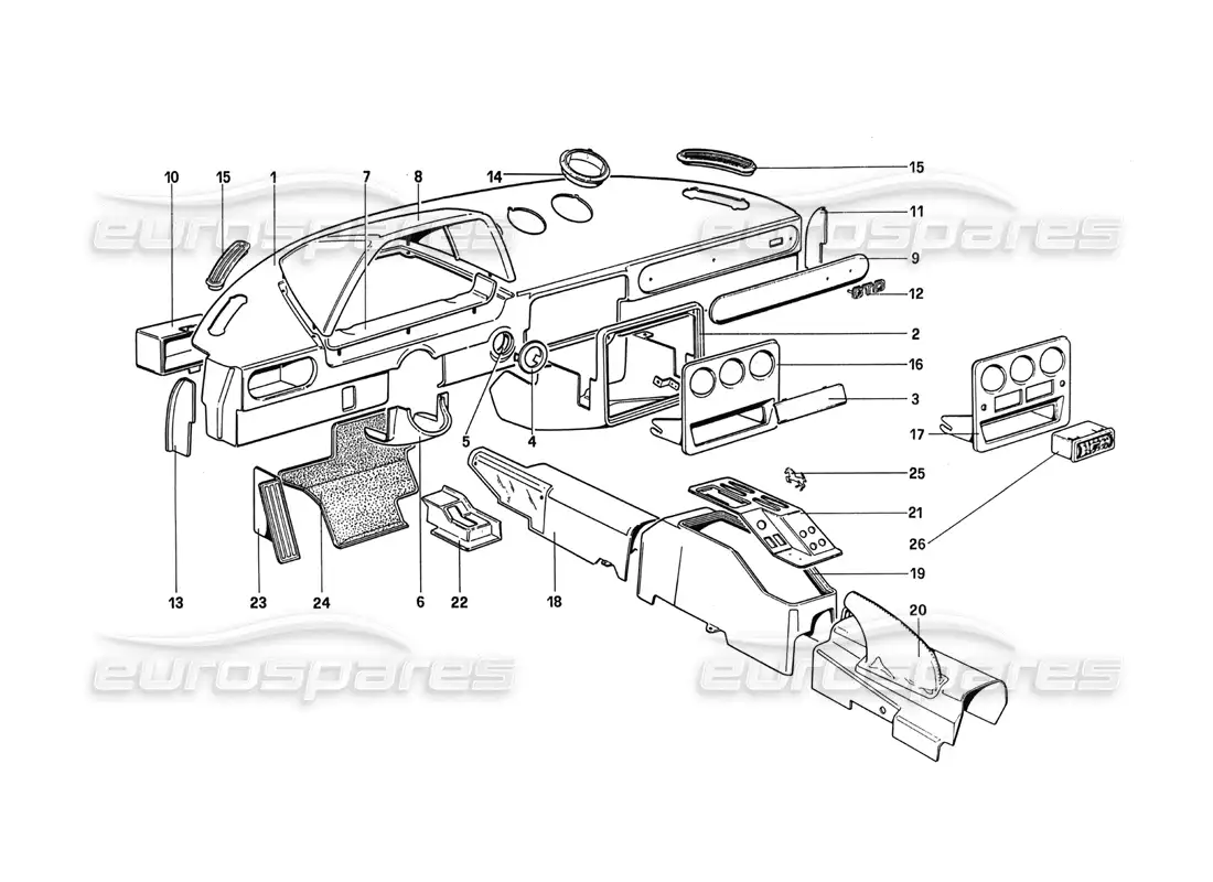 ferrari 288 gto instrumento, panel y túnel diagrama de piezas