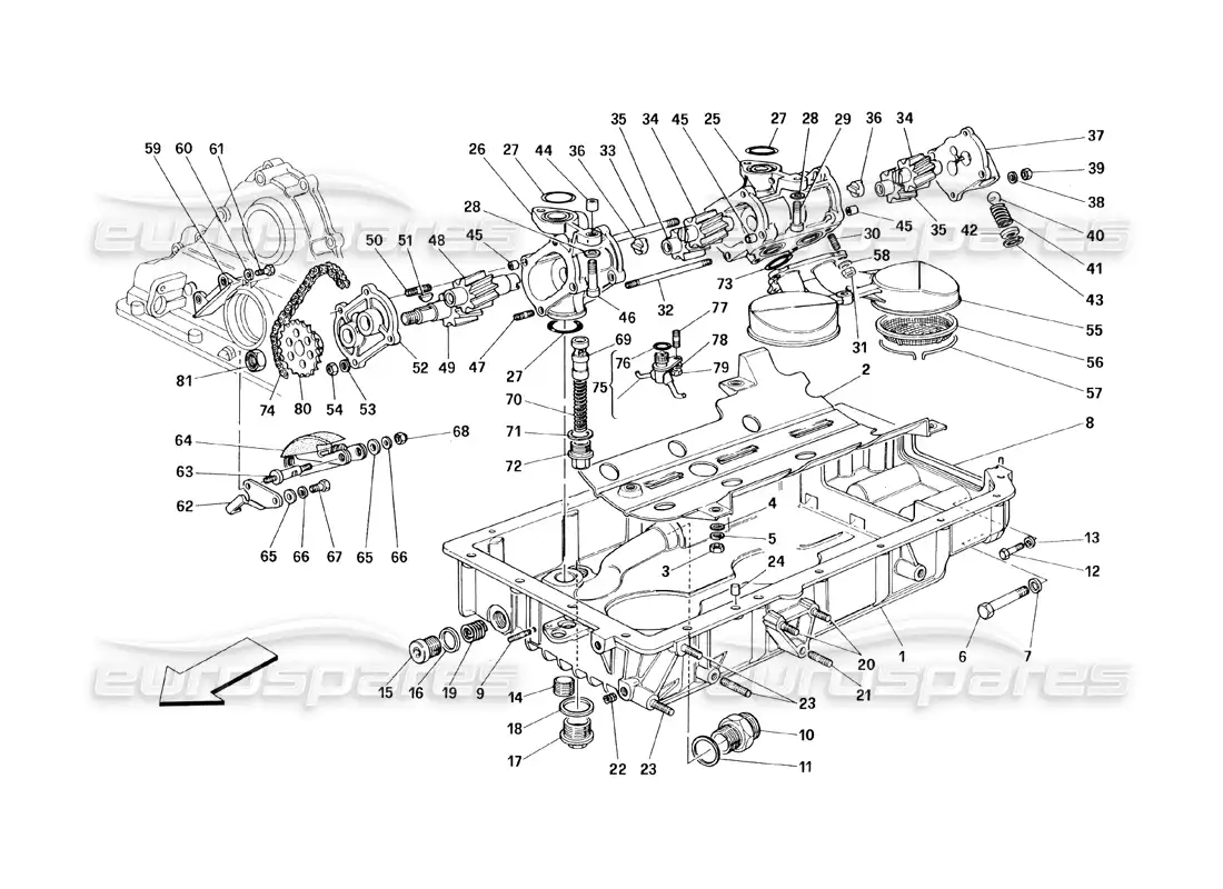 ferrari 348 (1993) tb / ts lubricación: bombas y cárteres de aceite diagrama de piezas