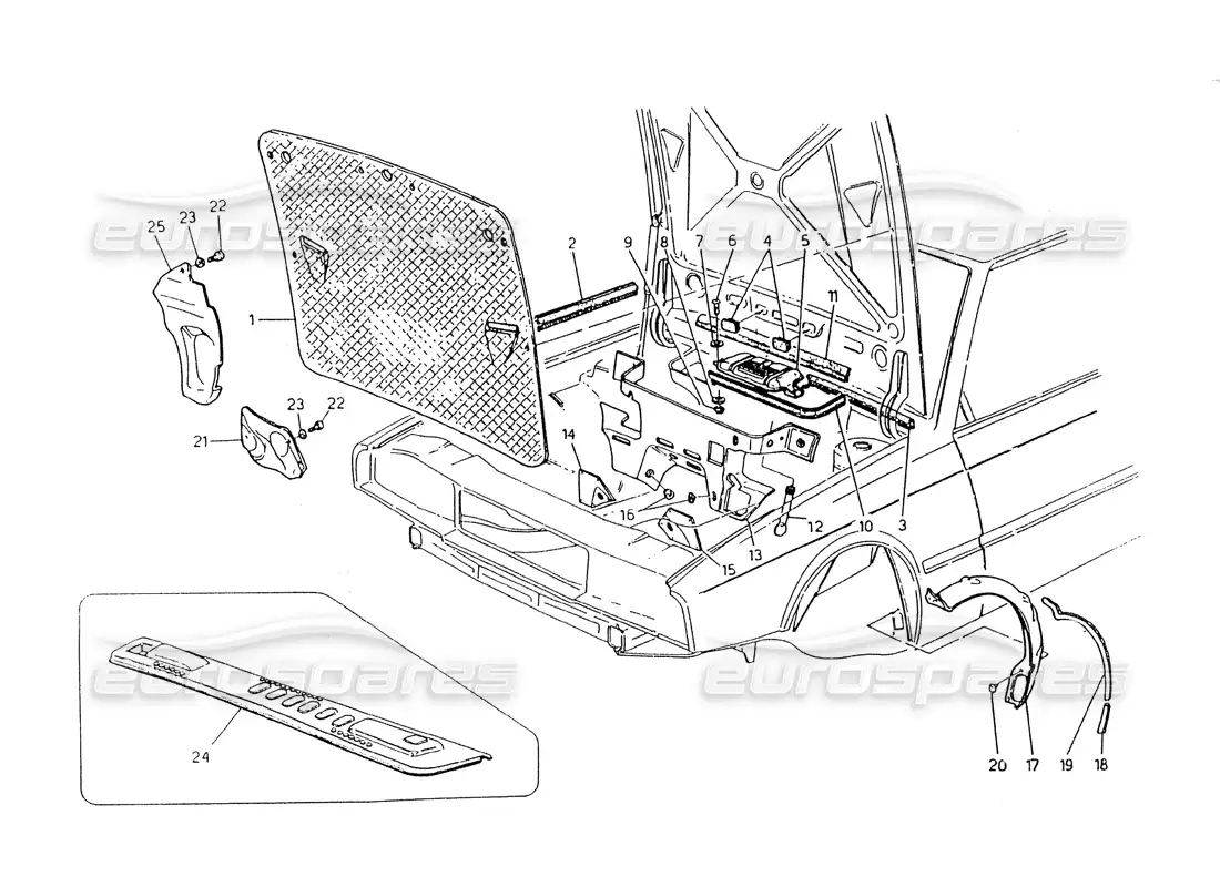 maserati 418 / 4.24v / 430 capó y compartimento del motor. diagrama de piezas de recorte interior