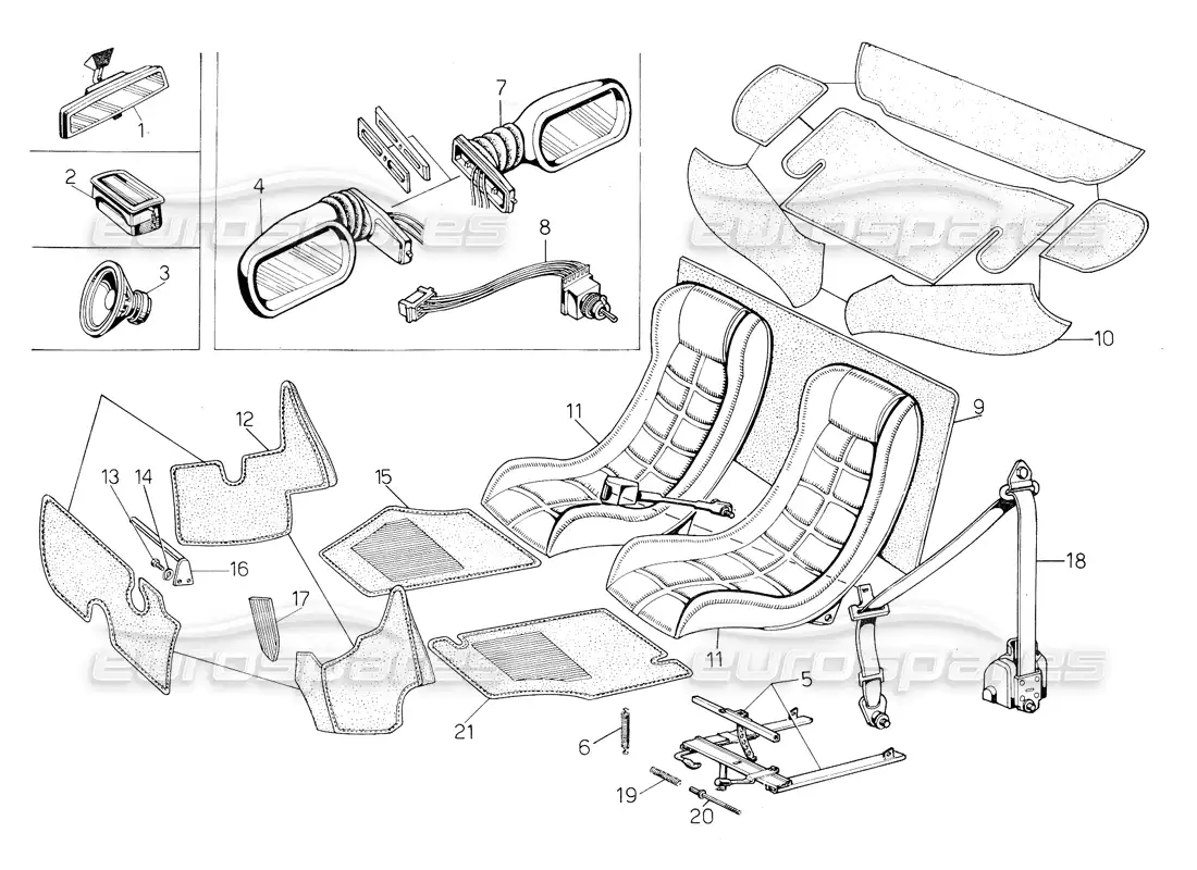 lamborghini countach 5000 s (1984) asientos, accesorios y adornos diagrama de piezas