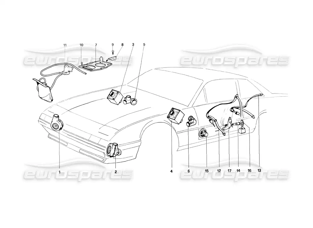ferrari 400i (1983 mechanical) refrigeración ventiladores eléctricos - calefacción - arandela y cinturones de seguridad diagrama de piezas