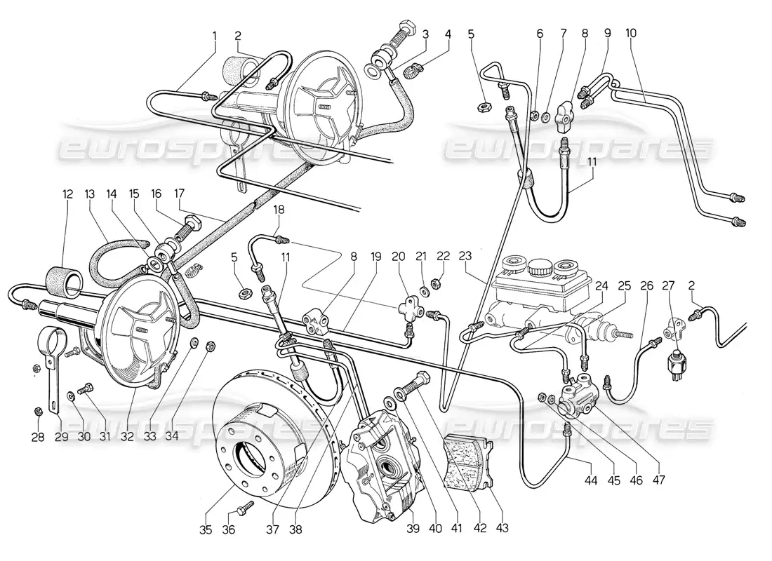 lamborghini jalpa 3.5 (1984) frenos delanteros diagrama de piezas