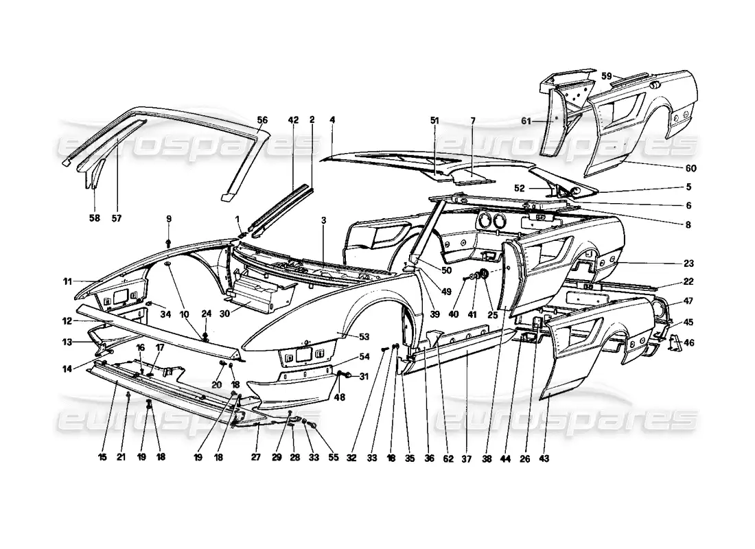ferrari mondial 3.0 qv (1984) carrocería - elementos exteriores diagrama de piezas