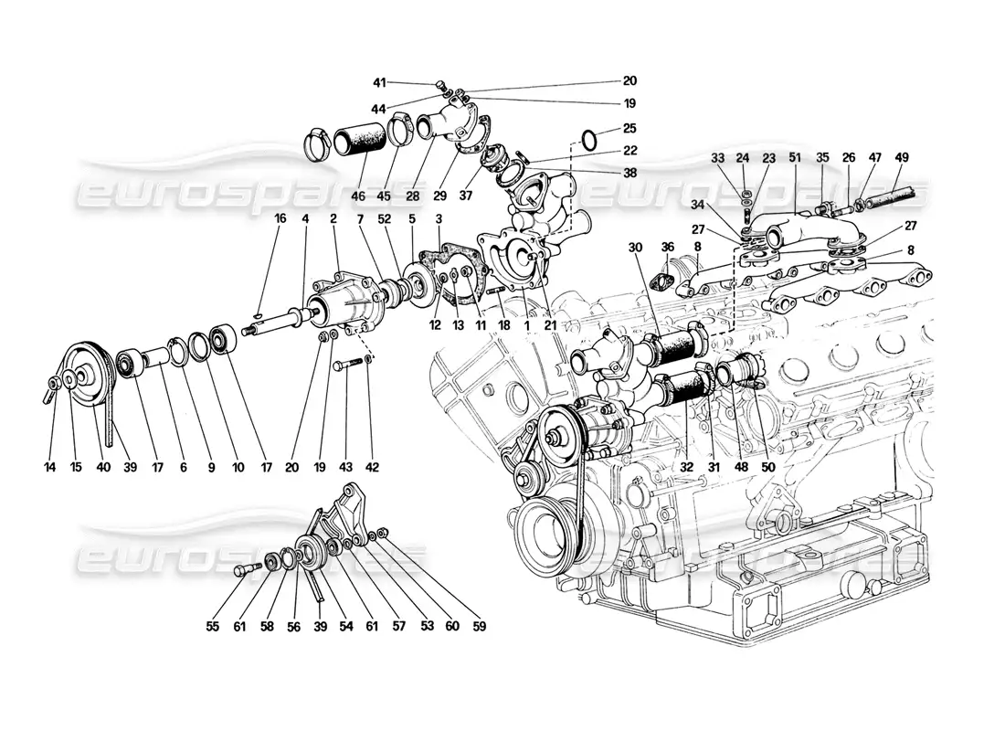 ferrari 328 (1988) bomba de agua y tuberías diagrama de piezas