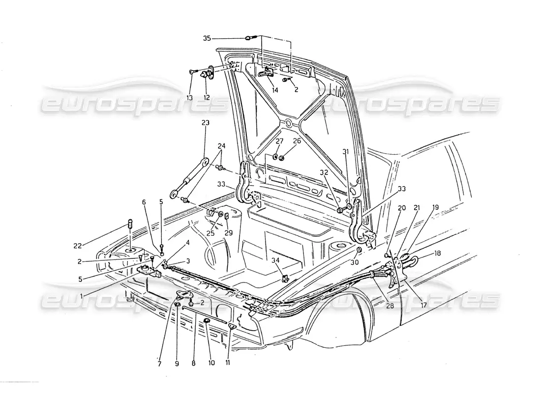 maserati biturbo 2.5 (1984) capó: bisagras y liberación del capó diagrama de piezas
