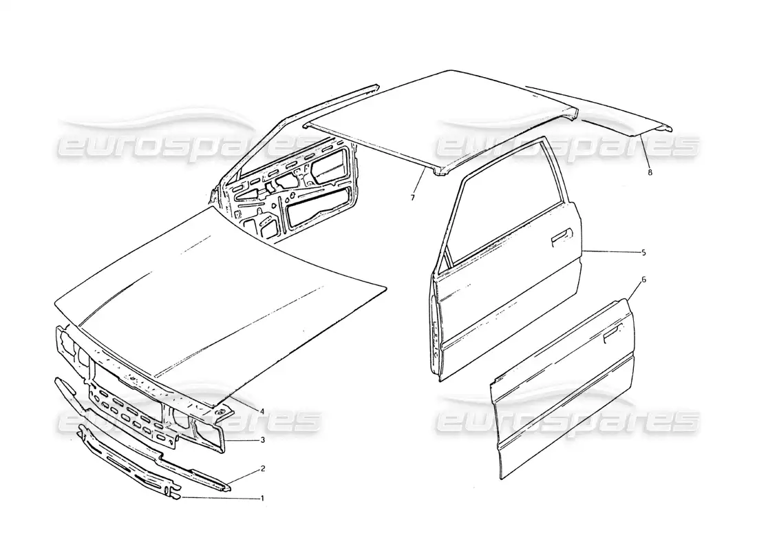 maserati biturbo 2.5 (1984) carrocería: panel frontal, panel de techo, puertas, capó, tapa del maletero diagrama de piezas