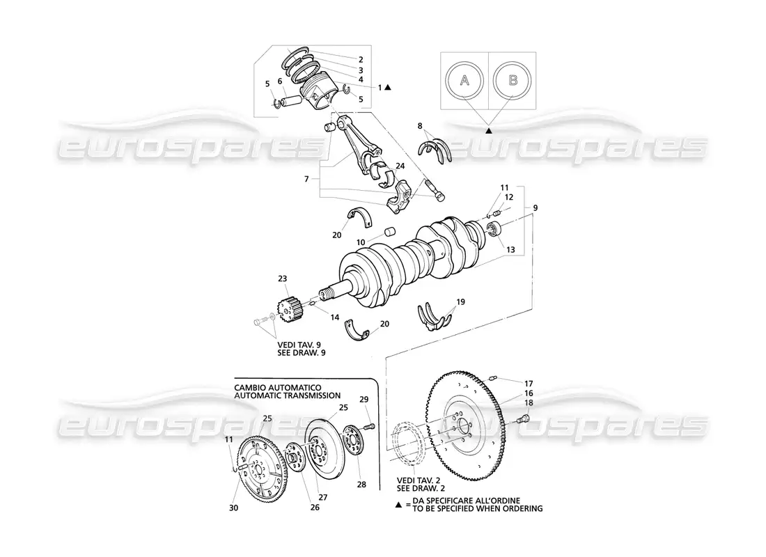 maserati qtp v8 evoluzione cigüeñal, pistones, bielas y volante diagrama de piezas