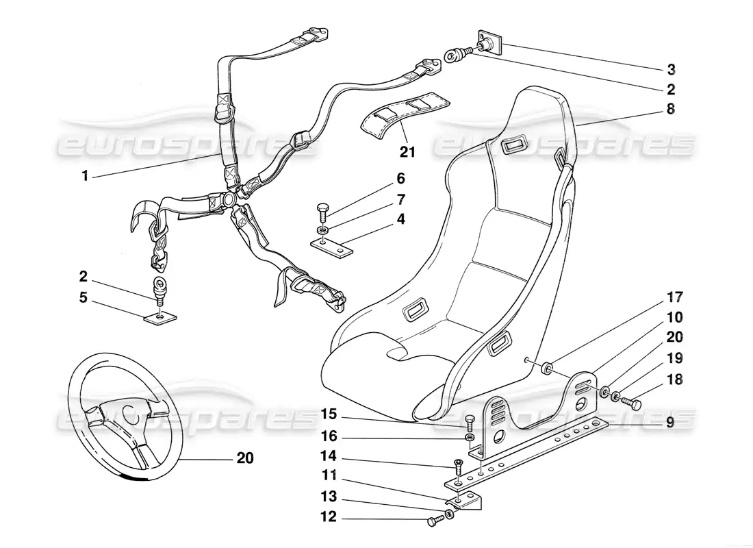 ferrari 348 challenge (1995) cinturones de seguridad y diagrama de piezas del asiento