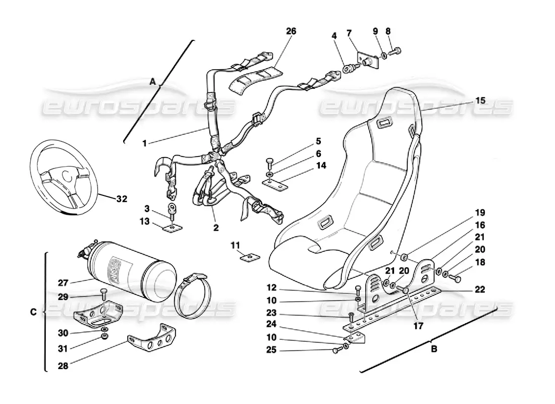 ferrari 355 challenge (1996) cinturones de seguridad de asiento - asiento - extintor de incendios diagrama de piezas