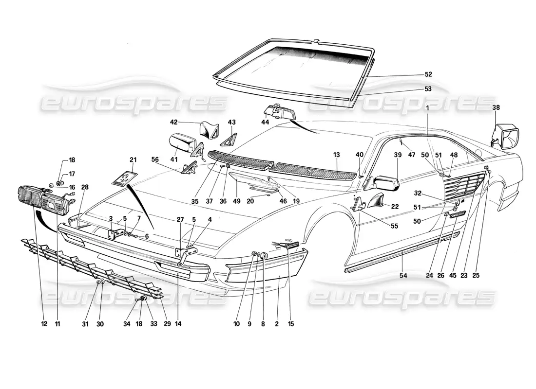 ferrari mondial 3.0 qv (1984) diagrama de piezas de parachoques, luces y cristales delanteros