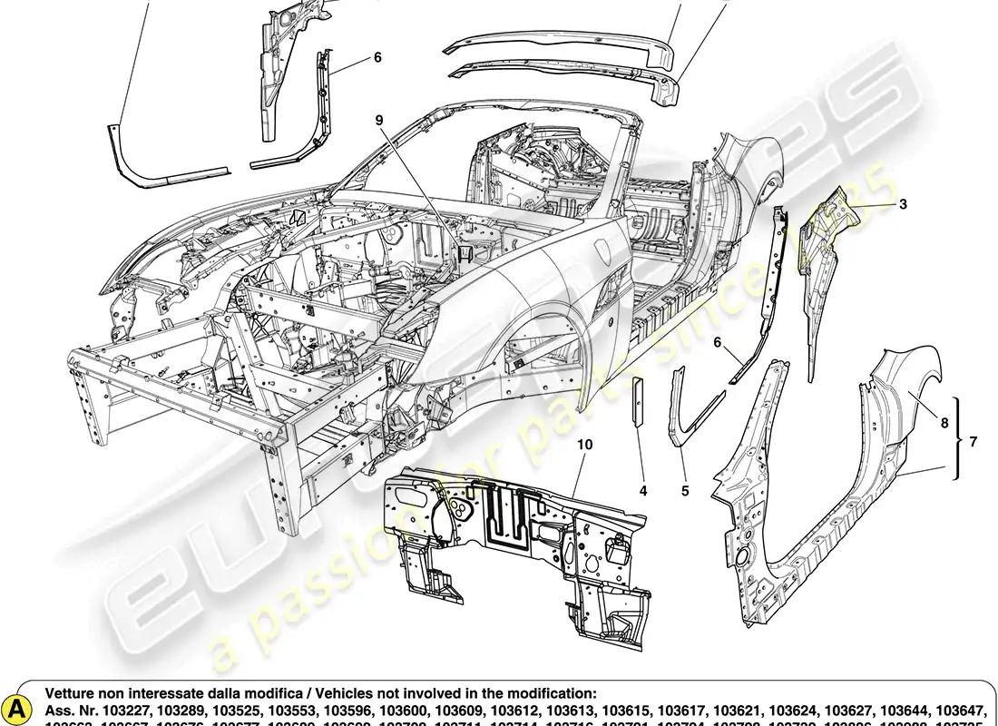 ferrari california (rhd) carrocería central y molduras exteriores diagrama de piezas