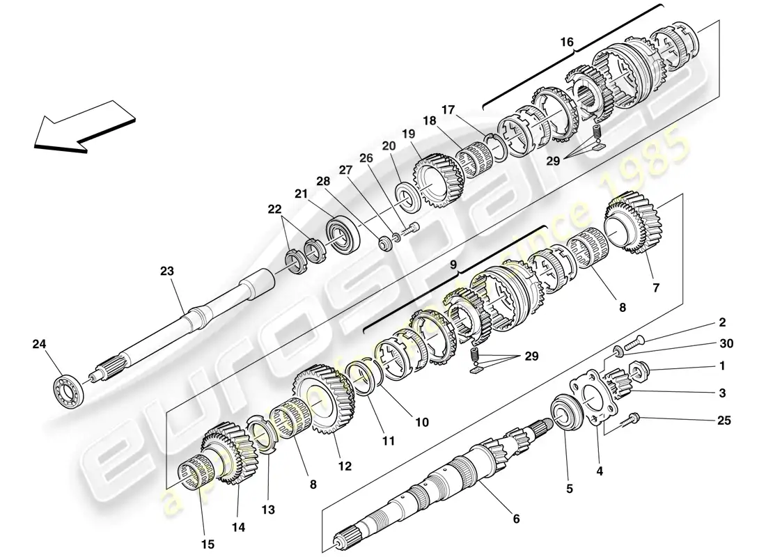 ferrari f430 scuderia (europe) engranajes del eje primario diagrama de piezas
