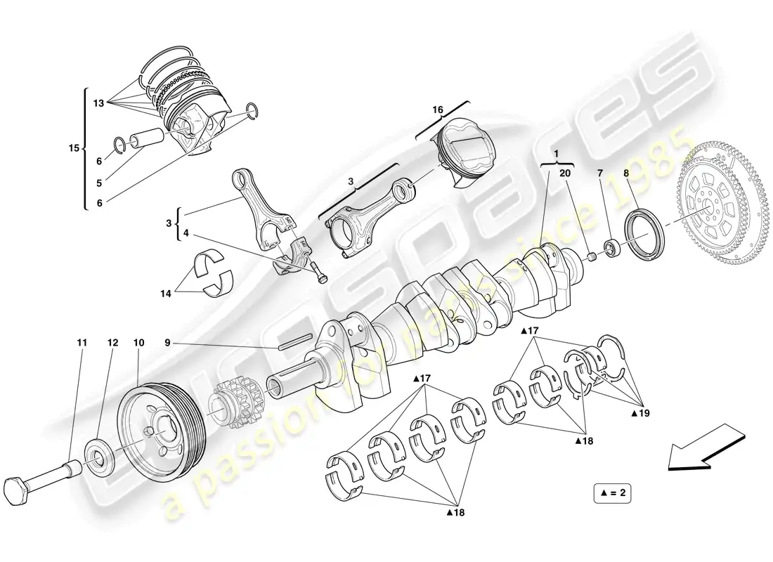 ferrari 599 gto (rhd) cigüeñal - bielas y pistones diagrama de piezas