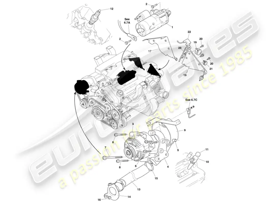 aston martin vanquish (2001) diagrama de piezas de los componentes eléctricos del motor