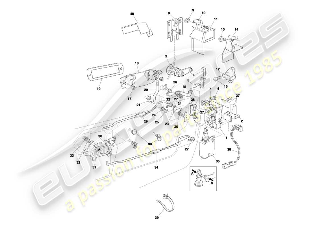 aston martin db7 vantage (2002) diagrama de piezas del mecanismo de pestillo de puerta