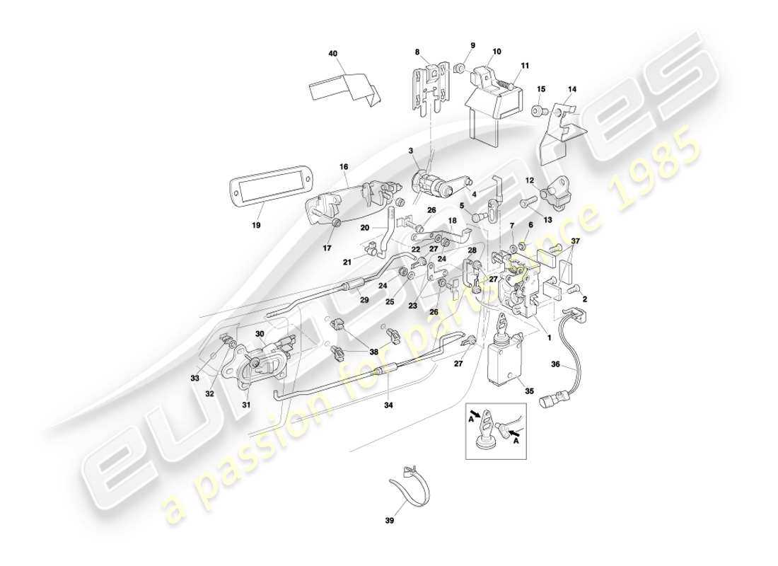 aston martin db7 vantage (2000) diagrama de piezas del mecanismo de pestillo de puerta