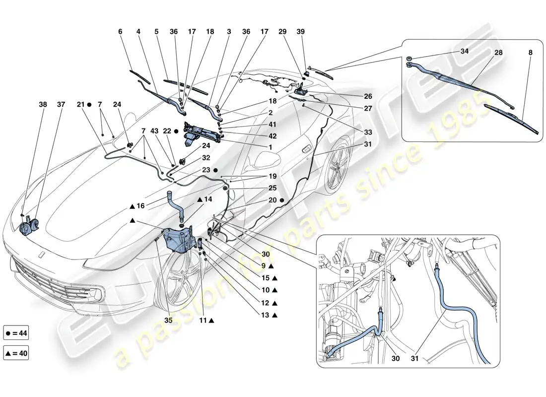 ferrari gtc4 lusso (rhd) limpiaparabrisas, arandela y bocina diagrama de piezas