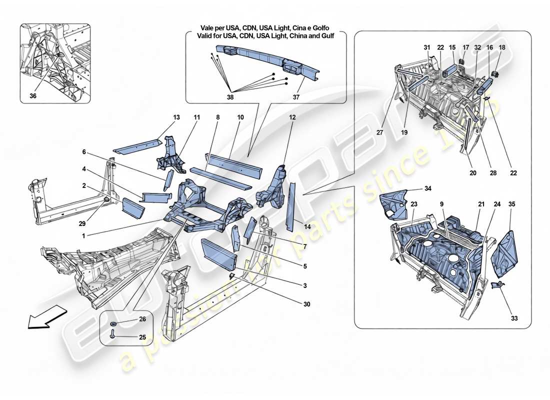 ferrari 812 superfast estructuras y elementos trasero del vehículo diagrama de piezas