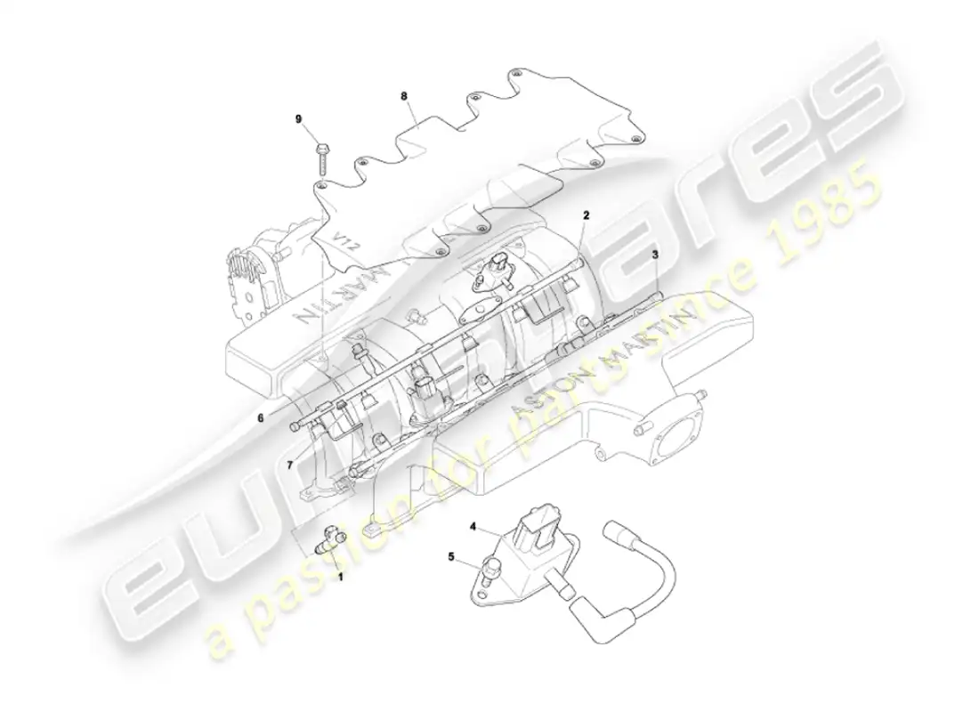 aston martin vanquish (2003) rieles de combustible e inyectores diagrama de piezas