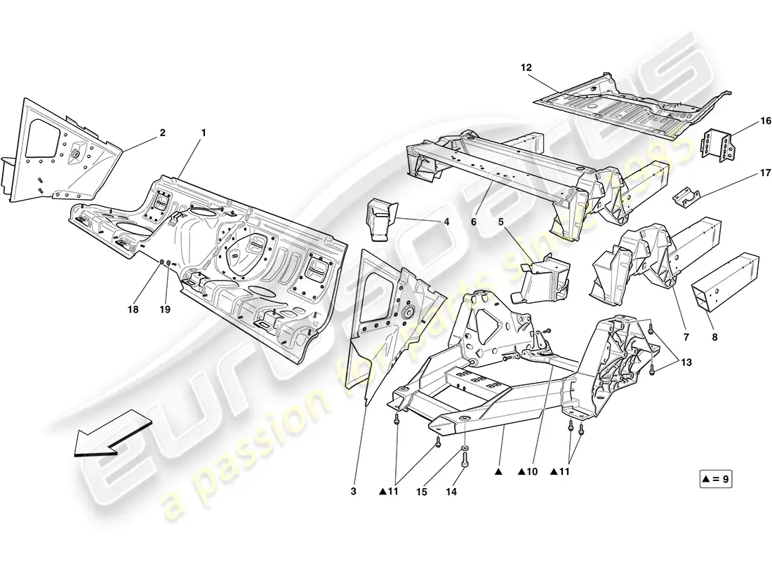 ferrari california (europe) estructuras traseras y secciones tipo caja del chasis. diagrama de piezas