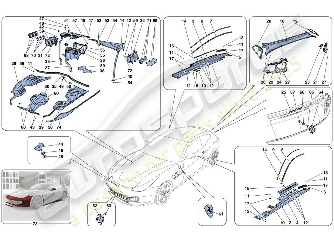ferrari gtc4 lusso (rhd) escudos - acabado externo diagrama de piezas