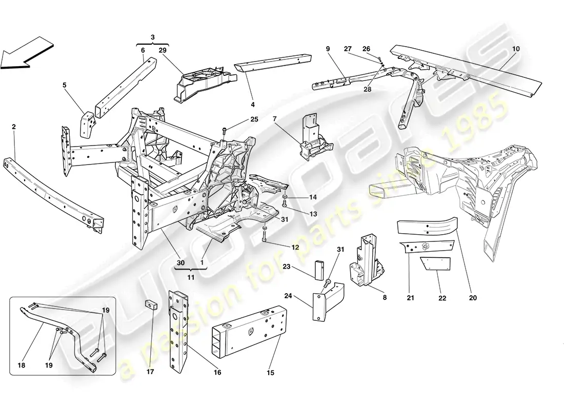 ferrari california (rhd) estructuras frontales y secciones tipo caja del chasis. diagrama de piezas