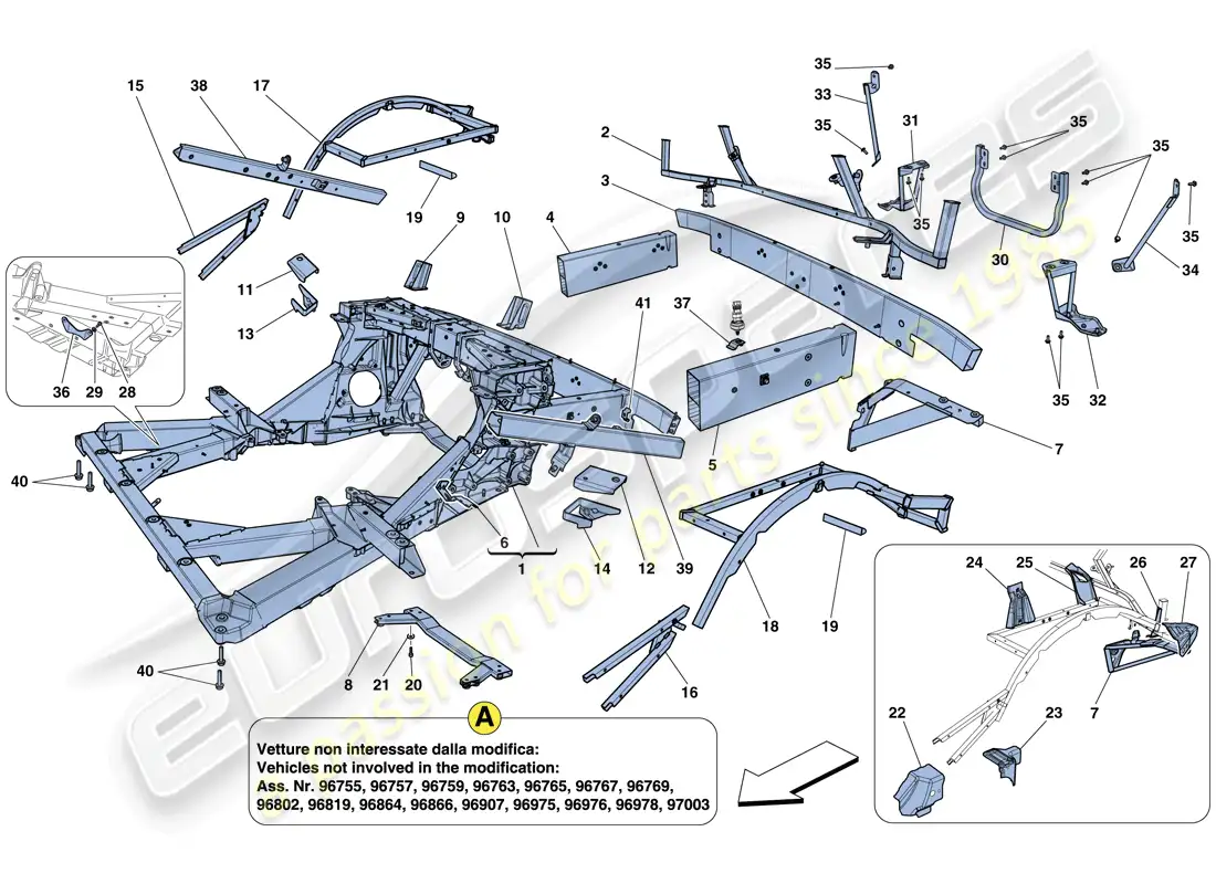 ferrari 458 italia (europe) chassis - structure, rear elements and panels diagrama de piezas