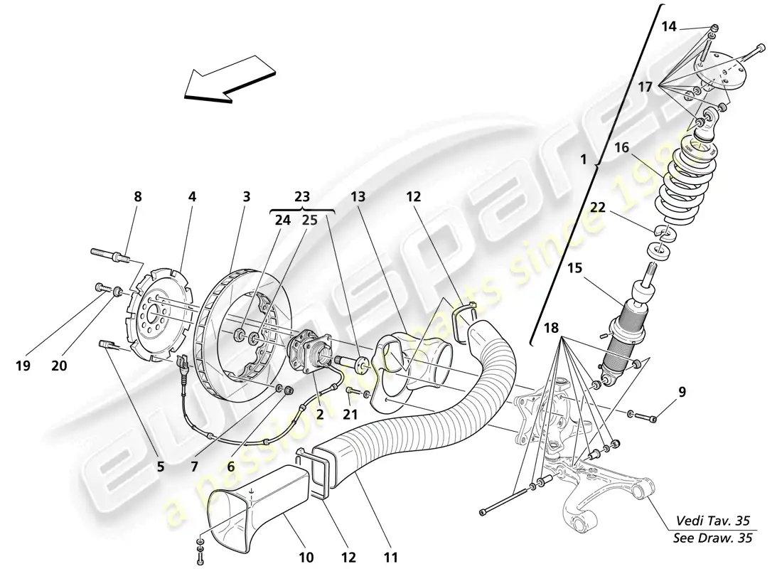 maserati trofeo suspensión delantera - amortiguador y disco de freno diagrama de piezas