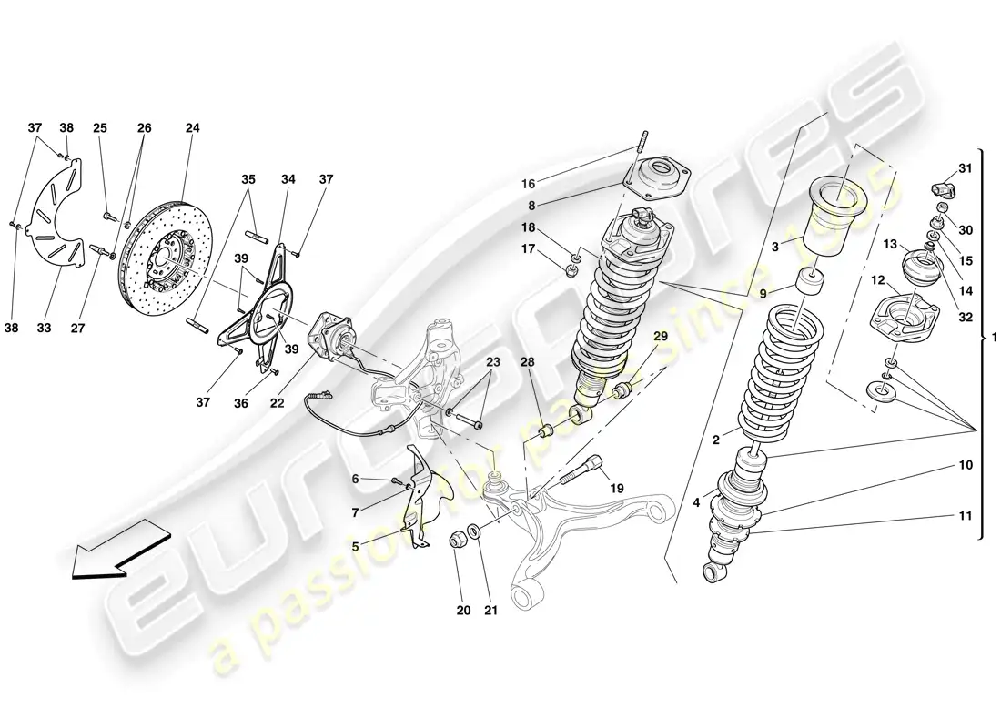 ferrari 599 gto (rhd) suspensión delantera - amortiguador y disco de freno diagrama de piezas