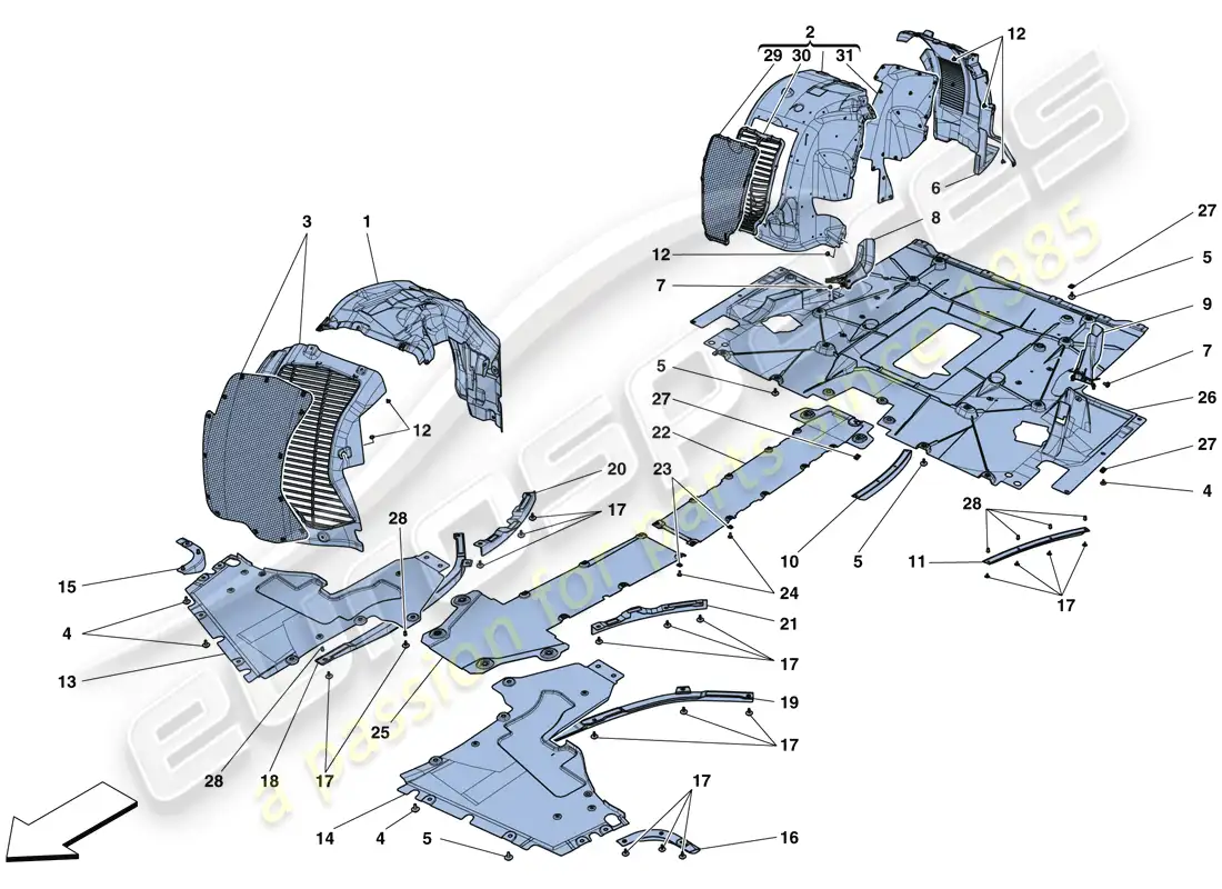 ferrari 488 gtb (rhd) plato inferior plano y ruedas diagrama de piezas