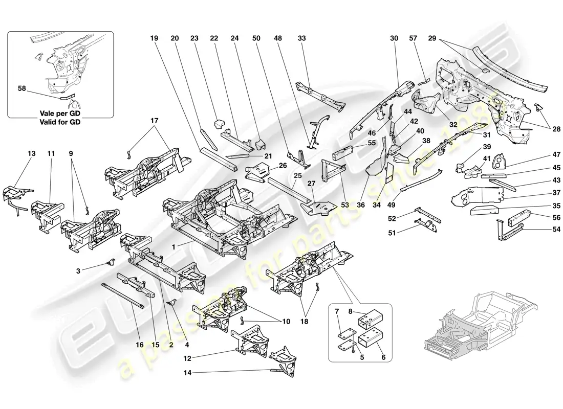 ferrari 612 scaglietti (rhd) estructuras y elementos delantero del vehículo diagrama de piezas