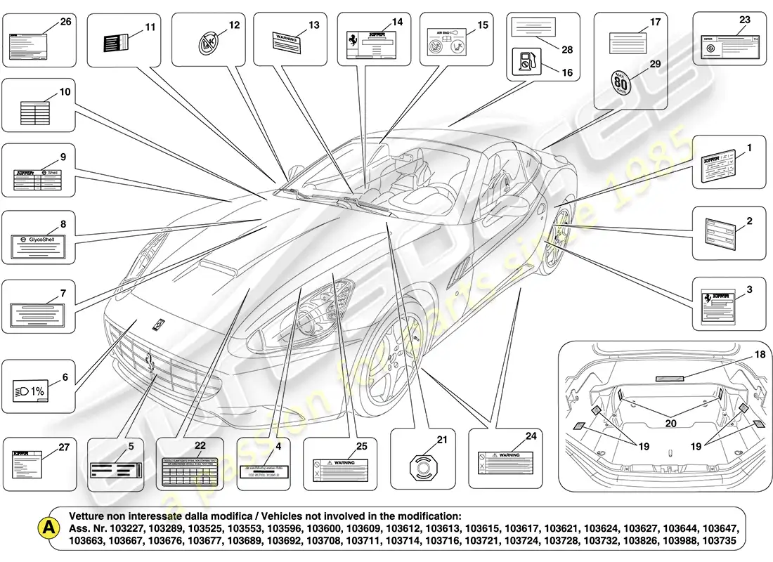 ferrari california (europe) etiquetas y placas adhesivas diagrama de piezas