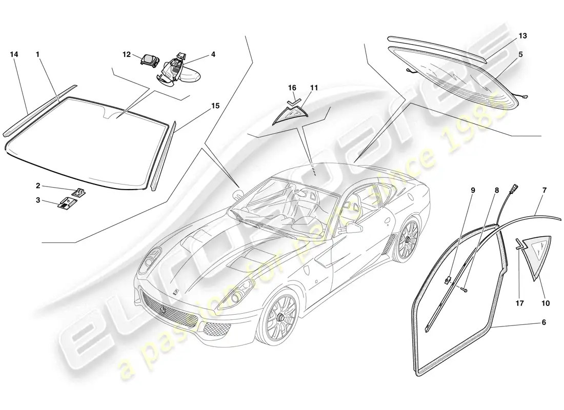 ferrari 599 gto (usa) pantallas, ventanas y juntas diagrama de piezas